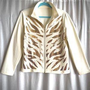 Off white women's blazer with gold color sequins. Size M. Zipper front